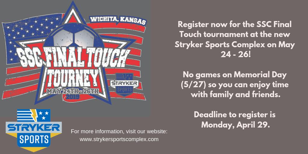 SCHEELSStryker's tweet photo. Register now for the SSC Final Touch Tourney at Stryker Sports Complex!
Link to register at GotSoccer:
https://t.co/tkgpzxoDJo https://t.co/bMCg1oCqTV