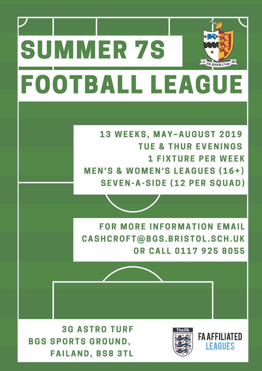 ashcroft99's tweet photo. A brand new 7-aside football league will be running through the summer months this year. Organised and run by @BGSBristol at their Sports Ground in Failand. Take a look at the advert and get in touch if interested. @swsportsnews @SomersetFA #7aside #smallsidedfootball https://t.co/u67zG75sqx