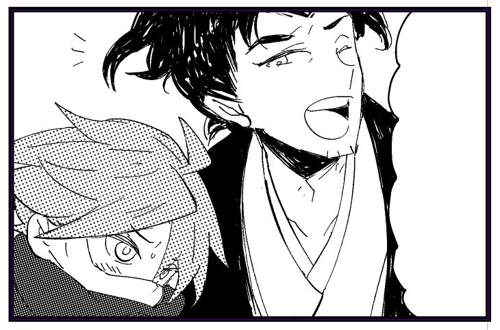 公私ともにめちゃめちゃ忙しいためおぼろ丸のトーン部分を髪とマフラーだけにしてみる作画時間短縮チャレンジしたけど画面がやっぱ寂しいよ〜〜白くても間が持つ作画に憧れる