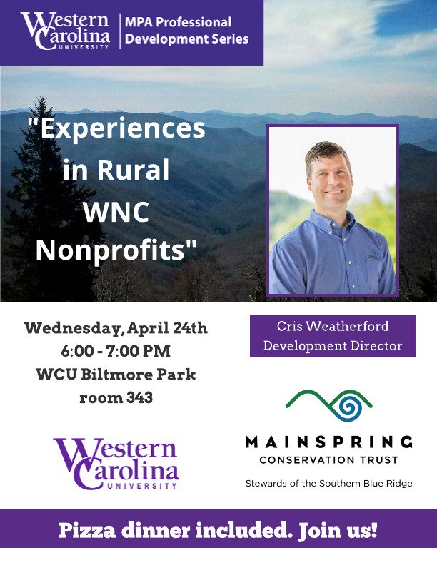 Come to our next Professional Development talk on Wed. 4/24! We've moved the time to 6pm to make it easier for people to come after work. We've also got pizza 🍕 &amp; drinks. Cris Weatherford of Mainspring Conservation Trust will be speaking about rural WNC nonprofits 🗻
Join us!