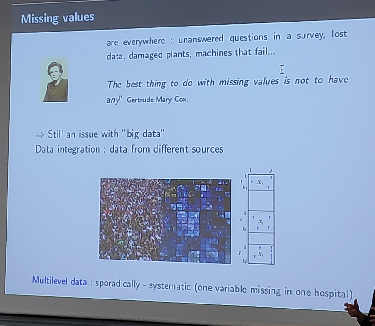 shacharmirkin's tweet photo. Julie Josse on consistency of supervised learning with missing values #statlearn19 https://t.co/EeTrAiP616