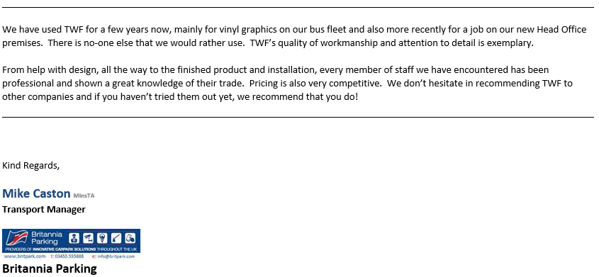 TWF_Signs's tweet photo. Nothing beats a great review by a Client! We are trill that we received this testimonial today by Britania Parking.

#happyclient #vinyl #twfsigns #southcoast https://t.co/nSp1Rg15Yd
