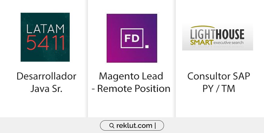 #BusquedaLaboral #Empleos #BusquedasIT  #OportunidadLaboral
Las mejores ofertas laborales están en Reklut.com
Desarrollador Java Sr: bit.ly/2UpYxrb
Magento Lead - Remote Position: bit.ly/2YP3ybZ
Consultor SAP PY / TM: bit.ly/2ABSDry