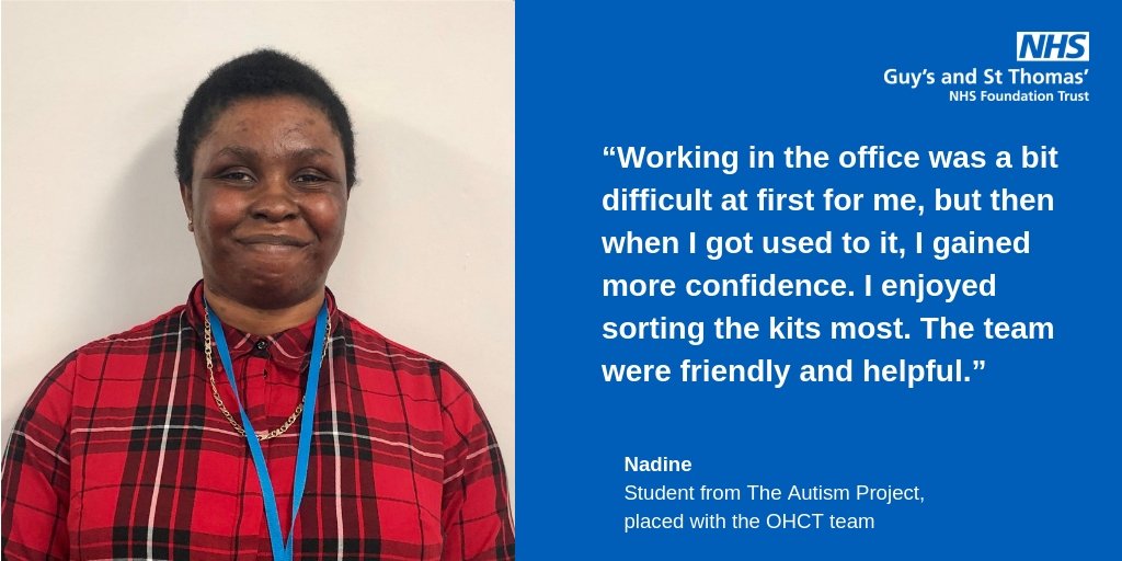 Guy's and St Thomas' Research (@gsttresearch) on Twitter photo #AutismAwarenessWeek Nadine, who took part in the Autism Project <a href="/GSTTnhs/">Guy's and St Thomas'</a> said "Working in the office was a bit difficult at first for me, but then when I got used to it, I gained more confidence. I enjoyed sorting the kits most. The team were friendly and helpful." <a href="/CareTradeUK/">CareTrade</a> #AutismAwarenessWeek Nadine, who took part in the Autism Project <a href="/GSTTnhs/">Guy's and St Thomas'</a> said "Working in the office was a bit difficult at first for me, but then when I got used to it, I gained more confidence. I enjoyed sorting the kits most. The team were friendly and helpful." <a href="/CareTradeUK/">CareTrade</a>