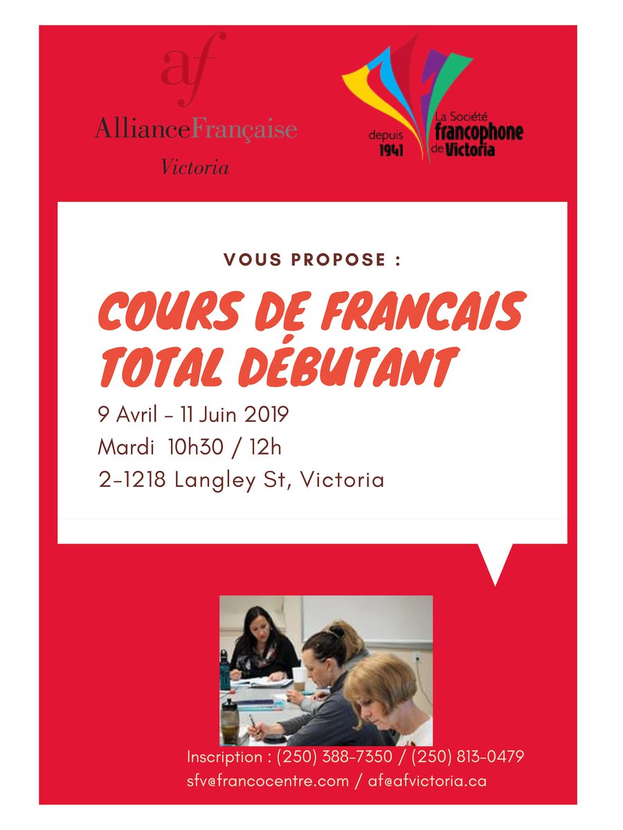 AllianceFrVic's tweet photo. Our total beginner class at the Société francophone starts next Tuesday !
You still can call to register : 250-388-7350 or 250-813-0479

Notre cours de français pour débutants redémarre la semaine prochaine ! 
N'hésitez pas à en parler aux anglophones de votre entourage ! https://t.co/YIwlSrmN2F