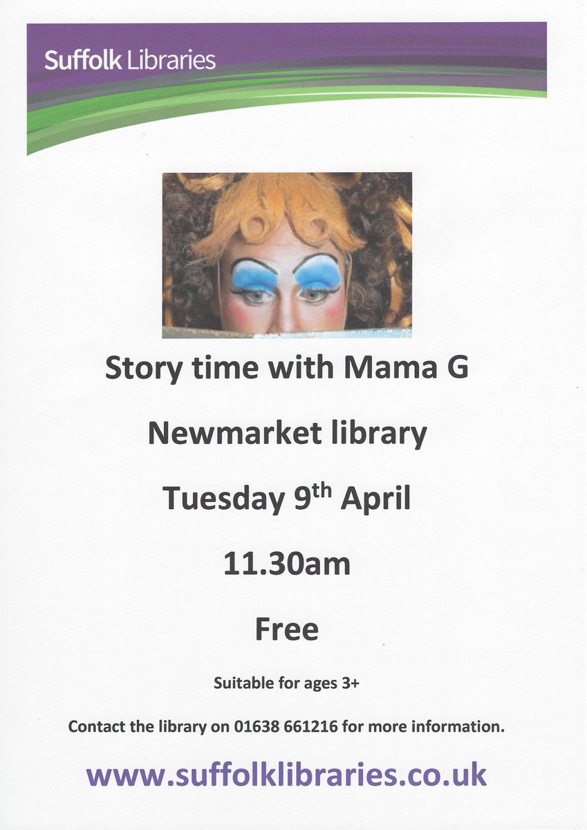 Looking for something to do on Tuesday that's fabulous, fun and free? @MamaGStories will be here at 11.30am for a #free story time session. Suitable for ages 3+ @SuffolkLibrary @WhatsOnWSuffolk @NKTJournal @LoveNewmarket @GuineasShopping @forestheath