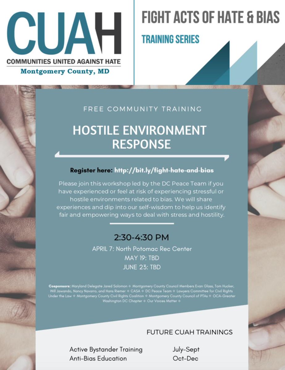 Join us this Sunday, April 7 for a workshop on hostile environment response with the DC Peace Team. We will share experiences and learn to identify fair and empowering ways to deal with stress and hostility. Learn more and register here: bit.ly/fight-hate-and…