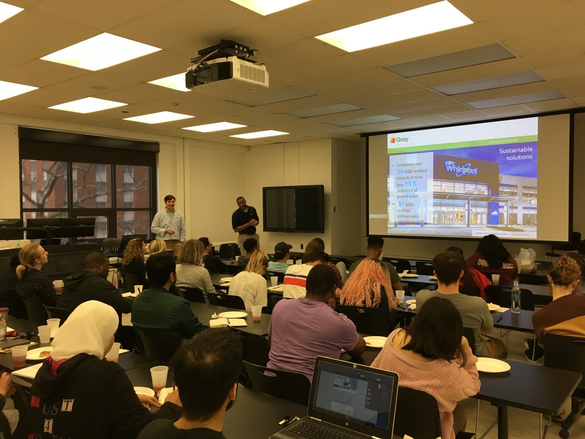 ArchitectureUM's tweet photo. Thank you alum Mark Garrison and Marcus McGee from Gray Architects and Engineers for talking with students and faculty at the April AIAS/TSD Lecture. Mark and Marcus discussed designing and constructing large-scale projects using the design + build process. #gtg #drivenbydoing https://t.co/JedKZIsFKv