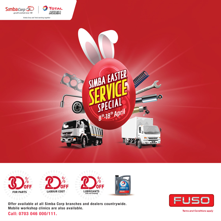 simbacorp_ke's tweet photo. Easter comes early this year with the #SimbaServiceSpecial. Get 30% off on genuine spare parts & 20% off on service and lubricants at any Simba Corp service center on selected vehicles. Kaa chonjo this Easter! https://t.co/cfrEFQ5q7X