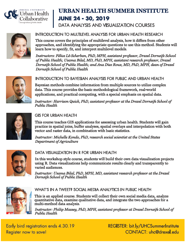 IS_UrbanHealth's tweet photo. COURSES: #DataAnalysis & #Visualization @DrexelUHC 24-30 June 2019 Early-Bird Registration Ends 30 April 2019
#UrbanHealth #multilevelanalysis #urbanhealthresearch #bayesiananalysis #publichealth #GIS #datavisualization #socialmediaanalytics https://t.co/VEB1DrRRqs