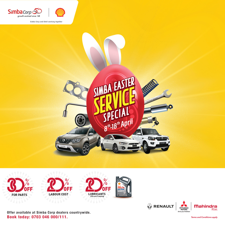 simbacorp_ke's tweet photo. Easter comes early this year with the #SimbaServiceSpecial. Get 30% off on genuine spare parts & 20% off on service and lubricants at any Simba Corp service center on selected vehicles. Kaa chonjo this Easter! https://t.co/cfrEFQ5q7X