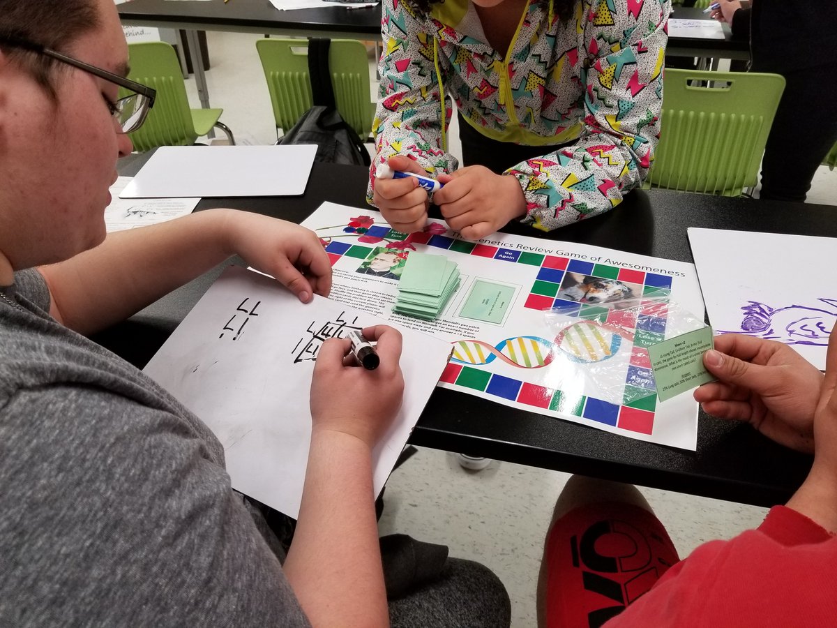 MrsCalkinsBio's tweet photo. Practicing genetics with my board game: "The Genetics Review Game of Awesomeness"! Having a hard time stumping my Bio minions! Lots of giggling going on. #heartwarming #madewithadobeillustrator #makeittothepeapatch @grcollegiate https://t.co/b2uozYpB68
