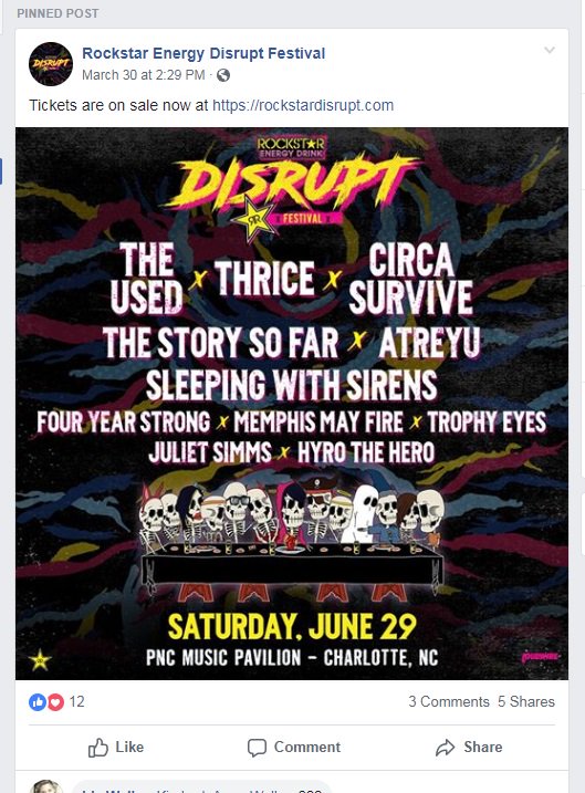 MusicChickCLT's tweet photo. ATTENTION: Misleading ticket sales tactic from @LiveNation for @Rockstardisrupt Festival in Charlotte, NC -> selling tix with this image, but it's NOT the official lineup (@circasurvive even has a tour date in another city that day). #shady #ticketmaster #RockstarDisrupt https://t.co/X5SK1kefZC