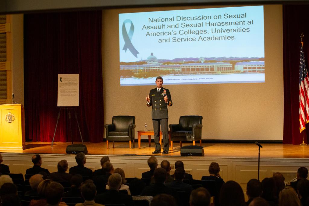 USNavy's tweet photo. Today @secnav76 @CNORichardson @NavyMCPON and other leaders are @NavalAcademy, joining the National Discussion on Sexual Assault and Sexual Harassment at America's Colleges, Universities, and Service Academies. #TalkActEnd #SAAPM2019 Read more here: https://t.co/MI8d9YF2Pg https://t.co/0pPsNN7zi7