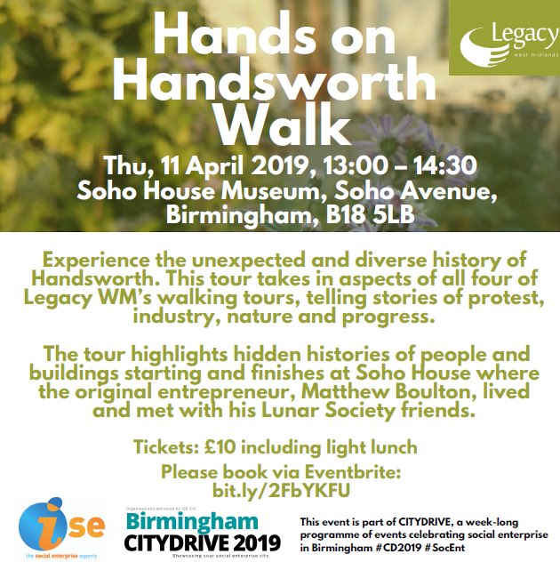 Tickets for next Thursday’s Hands on Handsworth from <a href="/LegacyWM1/">Legacy WM</a> and @iSE_CIC still available. This #socent #CD2019 walk starts <a href="/SohoHouseMuseum/">SohoHouseMuseum</a> Uncover stories of protest, industry, nature and progress with a stroll through the living history of the area: eventbrite.co.uk/e/hands-on-han…