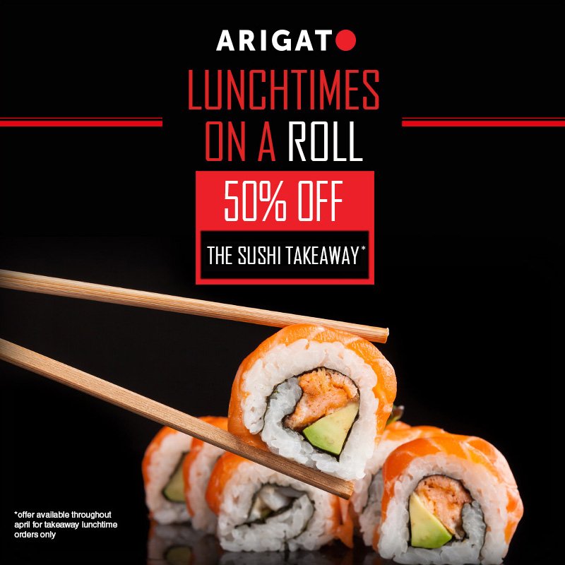 ArigatoDining's tweet photo. Do you enjoy sushi?  Come and take advantage of our 50% off sushi takeaway, available through April! https://t.co/82x6J5TwZA