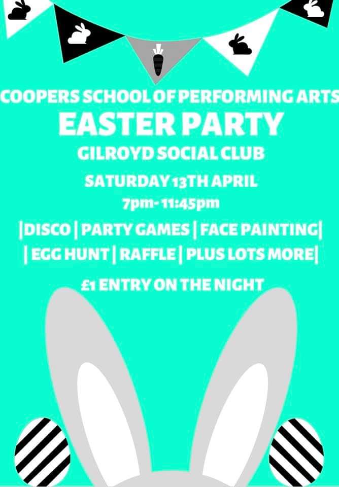 Come and join us for some eater fun!
🐰🌷🎉
Saturday 13th April
7pm @ Gilroyd Social Club 
All welcome!!
#cspa #easter #party #family #fun #games #disco #barnsley #easteregg #joinus #coopersschoolofperformingarts