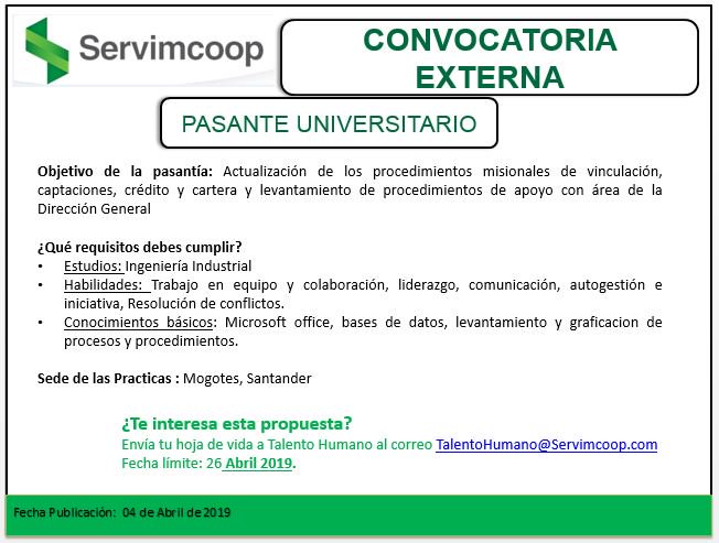 Servimcoop's tweet photo. #ConvocatoriaExterna
Servimcoop abre convocatoria para el cargo de #PasanteUniversitario - Información en el Poster 👇📞👀
#talentohumano #cooperativas #vacante #universidades https://t.co/rMN5NzMm8A
