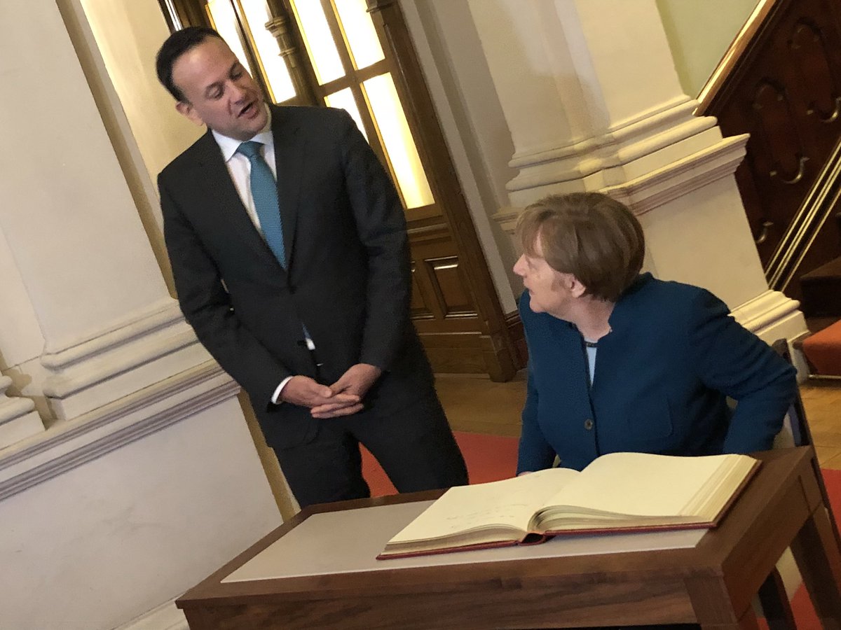 LeoVaradkar's tweet photo. It’s a real privilege to welcome Chancellor Angela Merkel to Ireland today. We’re meeting people from Ireland North and South to hear why we must avoid the return of any hard border and secure an orderly #Brexit https://t.co/22HrwvUpIP