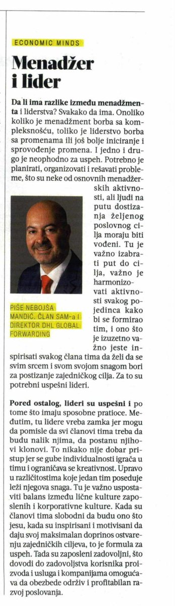 menadzerSAM's tweet photo. Onoliko koliko je menadžment borba sa kompleksnošću, toliko je liderstvo borba sa promenama ili još bolje iniciranje i sprovođenje promena! - Nebojša Mandić, član SAM-a i direktor @DGF_Serbia za najnoviji @nedeljnik #menadzersam #leader #business https://t.co/ZdfK1Ea2S4