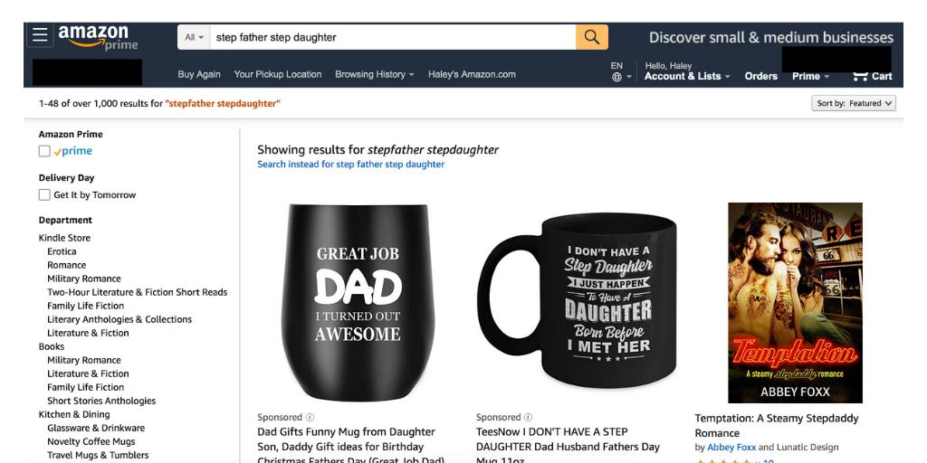 NCOSE's tweet photo. .@Amazon, do you see the rising outrage over your sale of stepdad/stepdaughter incest themed pornographic books?
They show up on the first page alongside gifts for step fathers.
#NotMyAmazon #AmazonSlime https://t.co/76f5GrsuHs