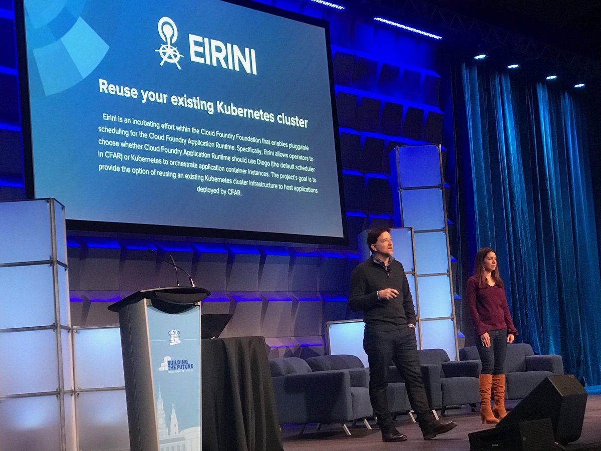 IBM developed #ProjectEirini to manage and extend #CloudFoundry services within #Kubernetes environments.  Now supported in @IBM's enterprise @cloudfoundry distro. -- @jrmcgee, @FranklyBriana  #CFSummit