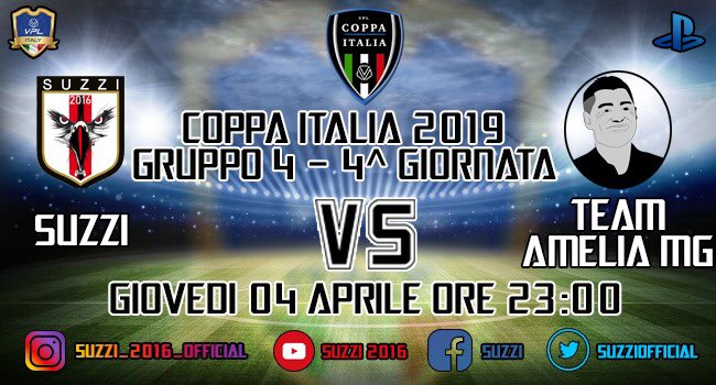 OfficialSuzzi's tweet image. ‼️ MATCH DAY ‼️  
🏆 @VPLItaly COPPA ITALIA 
📅 4ª giornata 
🏟 🆚 @Team_Amelia_PS4 
#suzzi #avantisuzzi