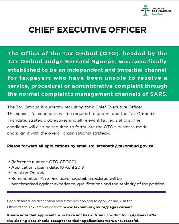 @saica_ca_sa <a href="/AmalSafrica/">Association of Muslim Accountants and Lawyers -SA</a> @Law_UJ <a href="/SAIPAcomms/">SAIPA</a> @TheSaitSA <a href="/DeloitteSA/">Deloitte SA</a> <a href="/KPMG_SA/">KPMG South Africa</a> <a href="/pwc_za/">PwC South Africa</a> <a href="/sarstax/">SA Revenue Service</a> <a href="/ENSlaw/">ENS</a> <a href="/TaxStudentsSA/">Tax Students SA</a> <a href="/UCT_Tax/">Tax@UCT</a> <a href="/TheTaxpayerSA/">The Taxpayer</a> OTO Vacancy: Chief Executive Officer, visit taxombud.gov.za dor more information. #WeSpeakFairness #TaxOmbud