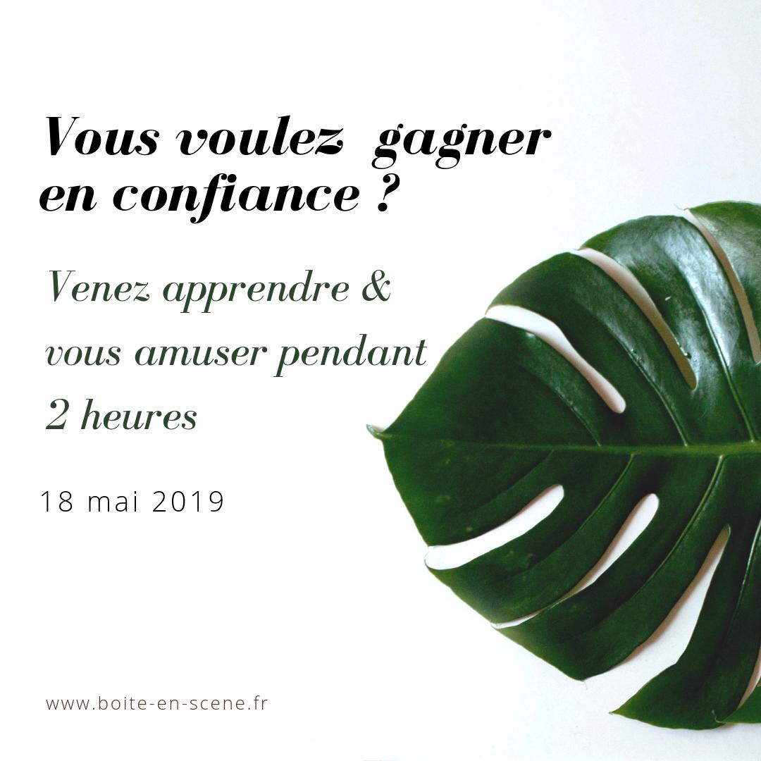 Atelier "improvisation théâtrale"
2 heures, le samedi 18 mai de 13h30 à 16h30

Venez vous amuser à prendre la parole et improviser !

Renseignements bonjour@boite-en-scene.fr

Retrouvez toutes les formations sur la prise de parole en public &amp; le pitch boite-en-scene.fr