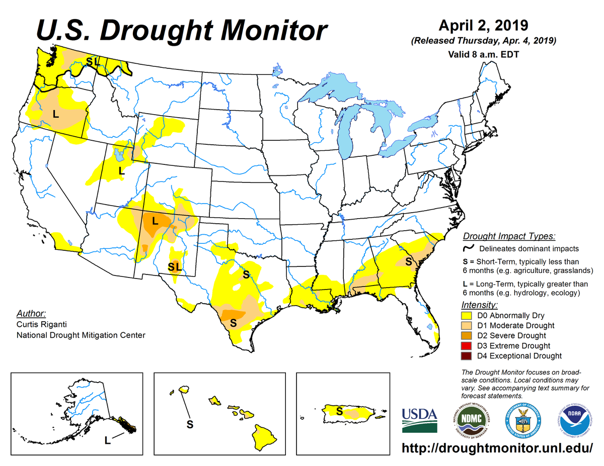 A map of the USA showing different areas of drought affecting the country, dated April 2, 2019.