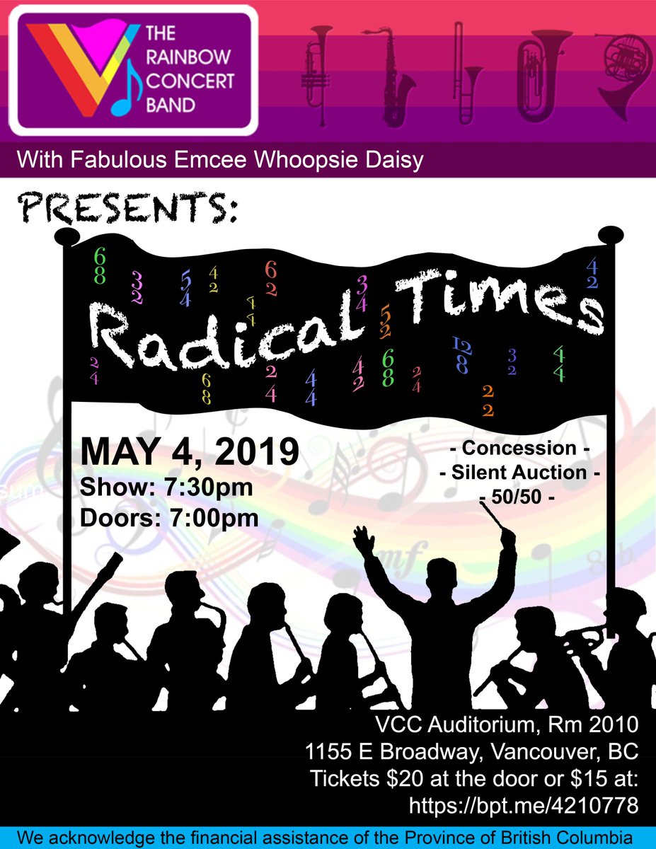 Tick, Tock, Tick Tock ~ The Rainbow Band runs out the clock. Our annual spring concert is loaded with different time signatures in every song! Featuring Whoopsie Daisy in her sixth consecutive MC appearance!  
Date: Saturday, May 4, 2019
TICKETS: bpt.me/4210778