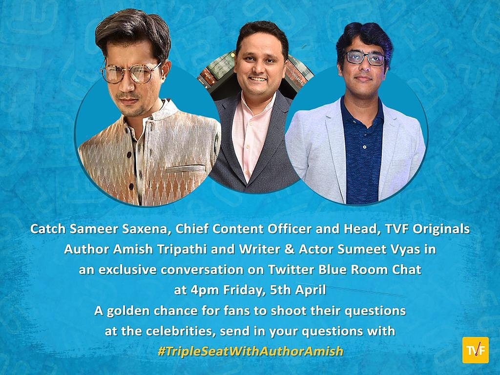 TVFTripling's tweet photo. Send in your questions for Creator @EightyPackAbs and the co-writer @vyas_sumeet of #TVFTriplingWithDrivezy with the hashtag #TripleSeatWithAuthorAmish on Twitter and watch them answer you LIVE  with @authoramish on Twitter Blue Room tomorrow at 4 PM! https://t.co/iEDHhc8iG0