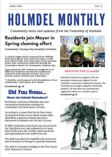 HolmdelTwp's tweet photo. In this edition of the Holdmel Monthly Newsletter you can read about the Township's prehistoric mastodons, an effort to rid the municipality of abandoned properties, the 1.5 tons of trash collected at Community Cleanup Day and more.

Just follow the link: https://t.co/jTfqCysE6D https://t.co/bAQwit4IYD