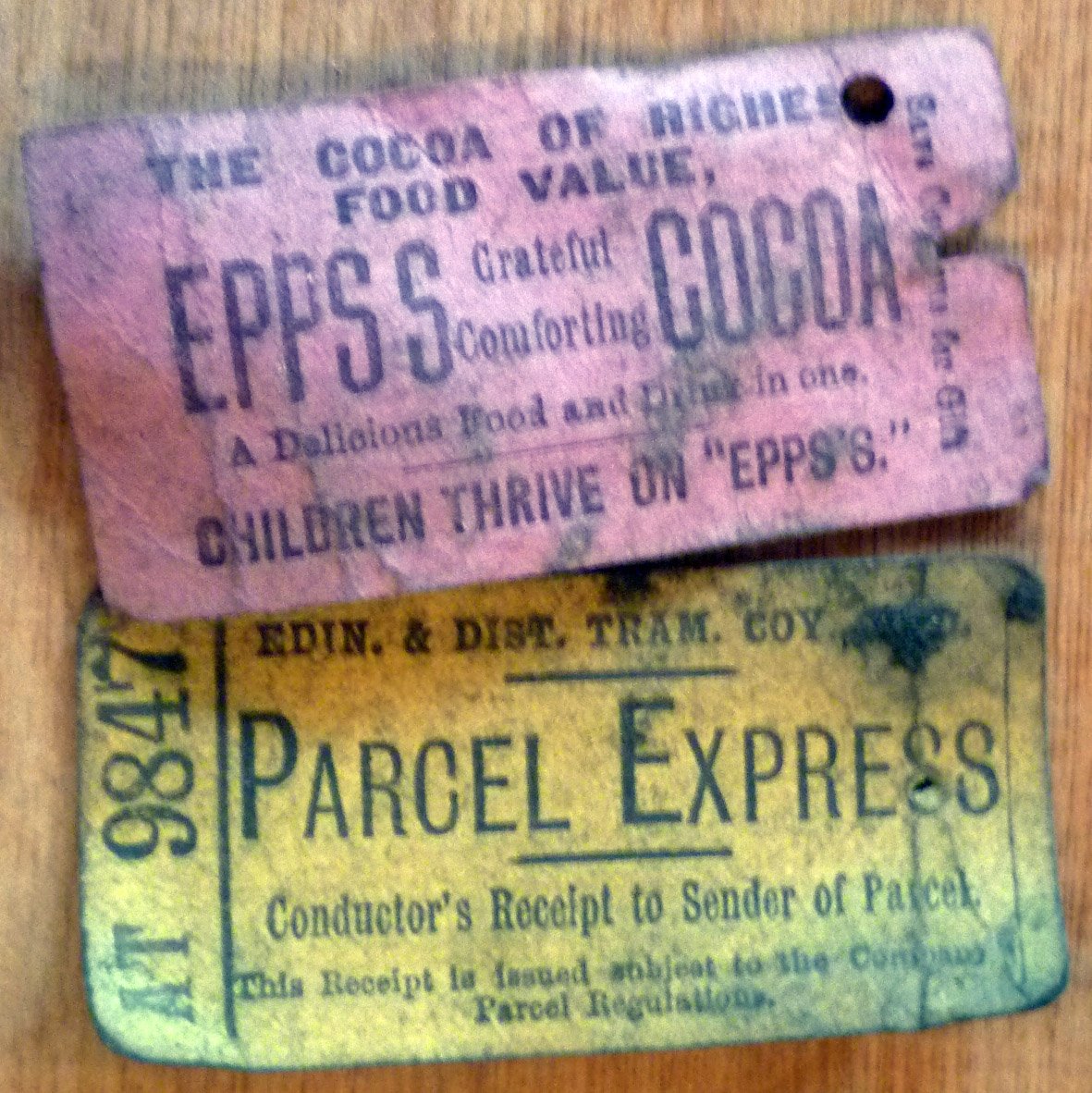 Riddlescourt's tweet photo. It's amazing what you can find when you're digging around in the #digitalarchive. Who remembers Epps's Cocoa? These tickets were found during Riddle's Court's extensive renovation project. #Archive30 #Memory #eppsscocoa #cocoa #trams #edinburghanddistricttramco #parcelexpress https://t.co/hFPyH7hFAg