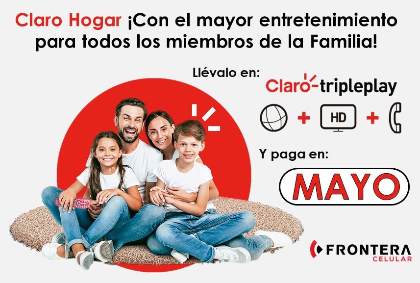 FronteraCelular's tweet photo. #ClaroTriplePlay tiene la TV con mayor entretenimiento para todos los miembros de la familia, el Internet mas veloz del mercado, y la telefonía local ilimitada, adquierela hoy y comienza a pagar en MAYO.
#YosoyFronteraCelular https://t.co/7npiLz5sBz