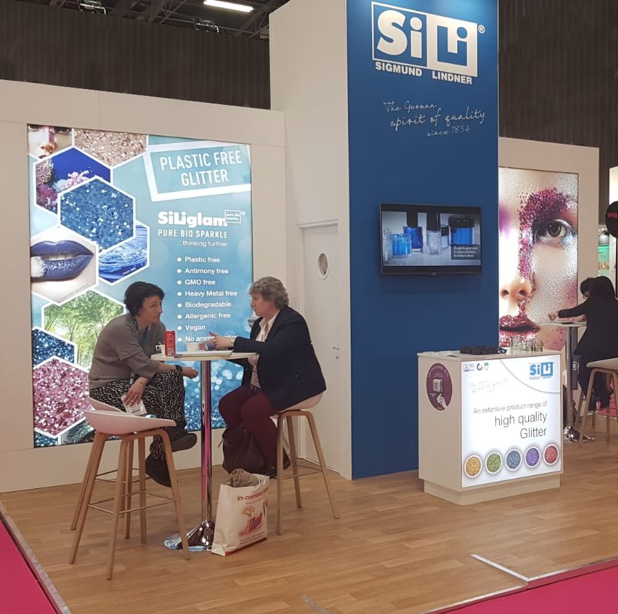 SiLiGmbH's tweet photo. And again a trade fairt is drawing to a close! 
Since Tuesday we have presented the latest generations of our #biodegradable glitter at @incosmetics Global 2019 in #Paris. https://t.co/oFs51Gl7cf