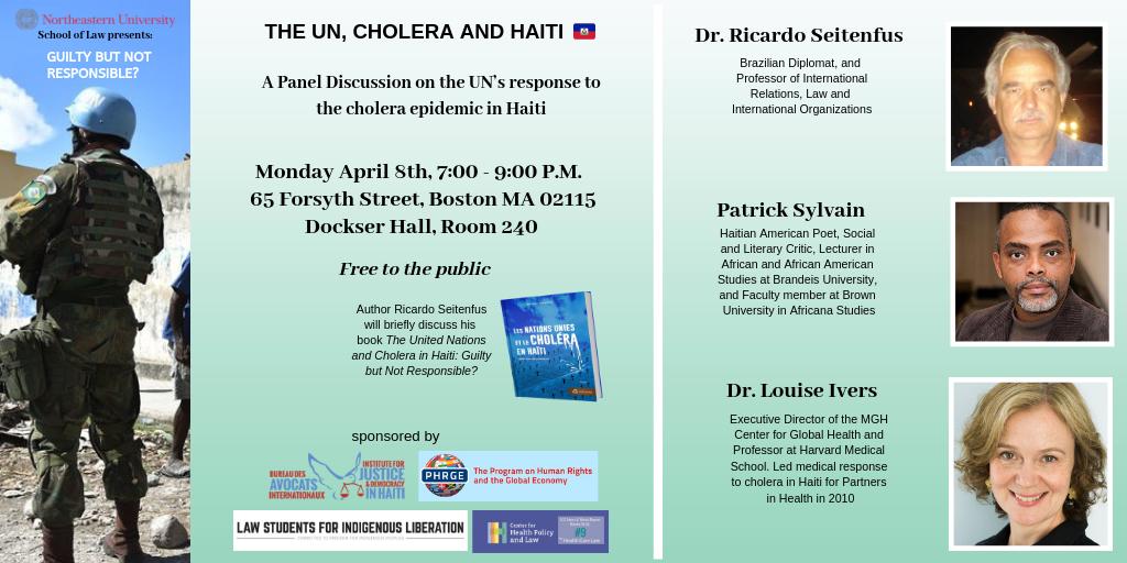 ijdh's tweet photo. Don't miss this! Join us next week 4/8 &amp; 4/9 in Boston for 2 engaging discussions on the @UN's response to its cholera epidemic in Haiti. 

Dr. Ricardo Seitenfus will discuss his latest book on cholera, followed by discussions with Haitian community leaders &amp; renowned experts. https://t.co/PlW1ETJTh2