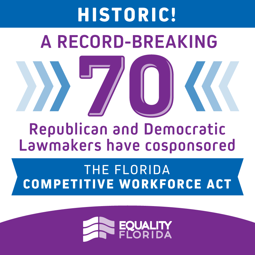 equalityfl's tweet photo. BREAKING: The Florida Competitive Workforce Act just hit a new milestone! A record-number of Republican and Democratic legislators have signed on in support of statewide comprehensive protections for FL's #LGBTQ community! The message is clear: it's time to #passCWA! #FlaPol https://t.co/z3pp41efOO