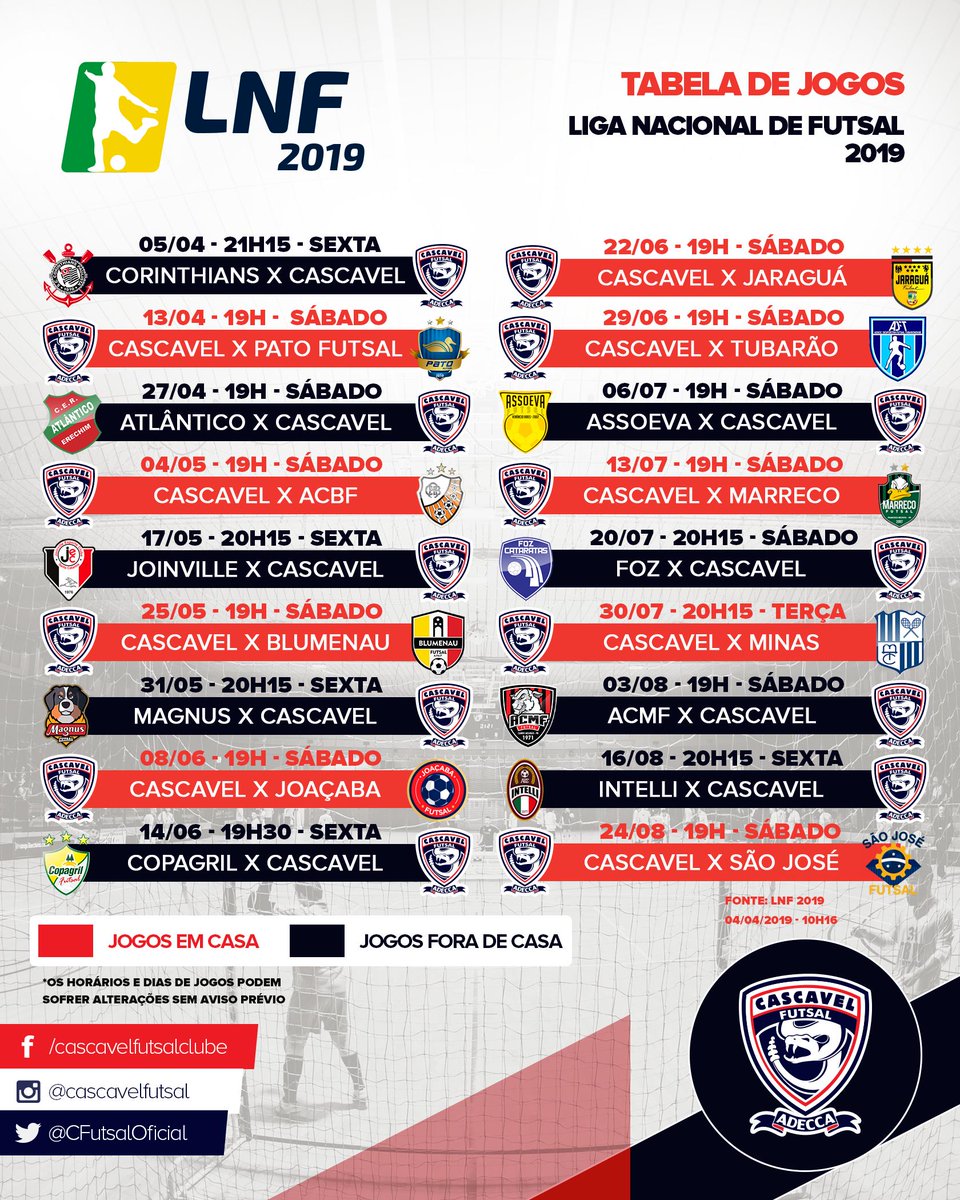CFutsalOficial's tweet photo. Torcedor, amanhã tem jogo do Muffatão / Sicredi / Cascavel contra o Corinthians pela Liga Nacional de Futsal, com transmissão pela SporTV.
Mas, como a temporada é longa, veja a programação de todos os jogos do time na competição!

Vem torcer com a gente! https://t.co/ufIhGLipFU
