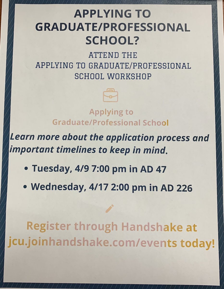 jcu_dos's tweet photo. Are you applying to Graduate/ Professional School? If so, consider attending a workshop to learn more about the process- next Tuesday the 9th at 7pm in AD 47! https://t.co/6hP14xAdii