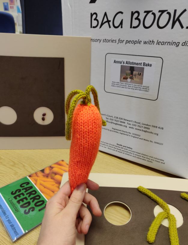 WSCCLibraries's tweet photo. It's #InternationalCarrotDay and here's a #KnittedCarrot, snapped at #DurringtonLibrary, from a new bag book called Anna's Allotment Bake. https://t.co/2vTT9hVDIa. Why not come to one of our Story Magic sessions and experience the wonders of #BagBooks? https://t.co/XZzuRMUqM1 https://t.co/zK3G6K2pRP