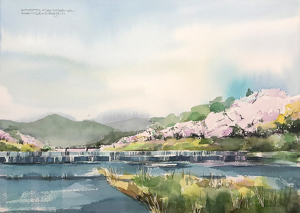 京都鴨川。上賀茂橋からの景色。 山紫水明の素晴らしさ^ ^#Watercolor