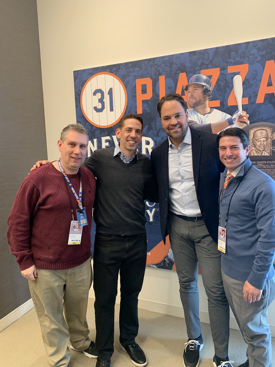 Marteljr's tweet photo. The @wcbs880 Gameday team. @bradheller14 @NeilACarousso @Marteljr interviewing @mikepiazza31 https://t.co/qmXNBlJHar