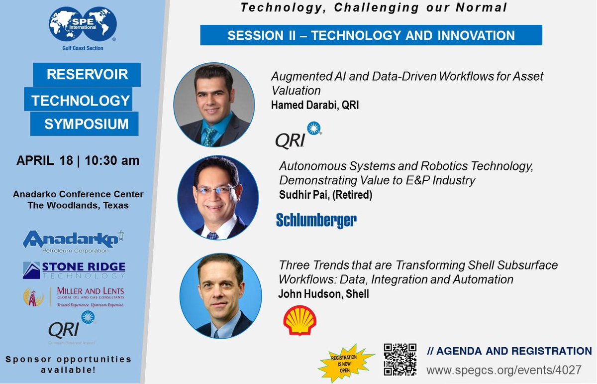 On behalf of the SPE-GCS Reservoir Study Group, we would like to invite you to the 2019 Reservoir Technology Symposium on Thursday April 18 at Anadarko’s Conference Center.

A great lineup of session and keynote speakers are on the agenda. More info here lnkd.in/eVKm354
