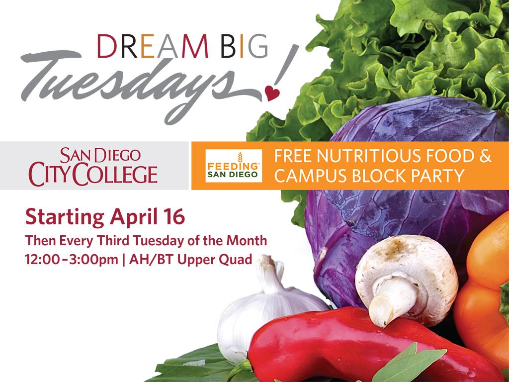 FREE fruits &amp; vegetables to all City College students and staff.
Dream Big Tuesdays! April 16 from 12:00-3:00pm
We are teaming up with Feeding San Diego to bring free, nutritious fruits and vegetables to you.
#sharecity #feedingsandiego #nutritiousfood