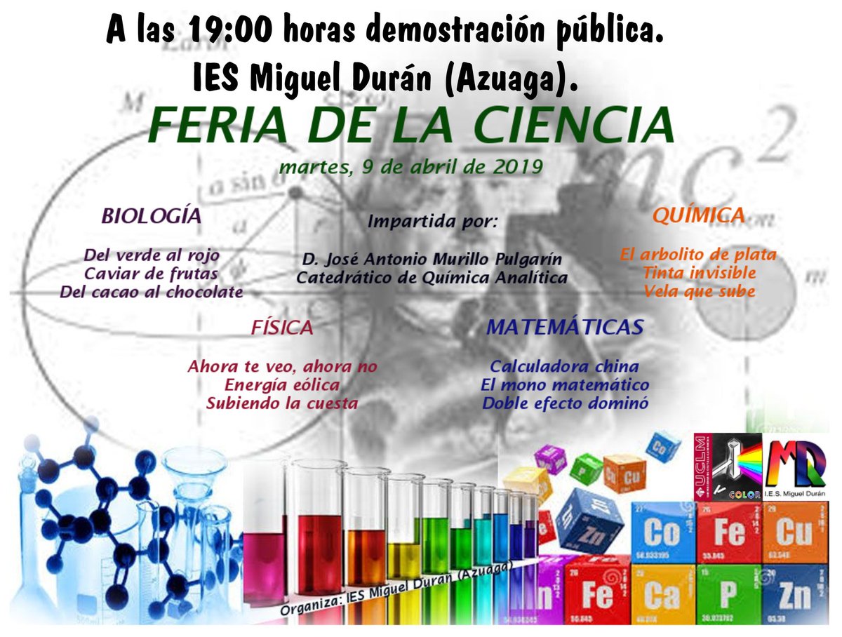 El próximo martes 9 de abril a las 19.00h en #IESMiguelDuran de #Azuaga #grupoColor te muestra experimentos científicos en directo sobre Biología, Física, Química y Matemáticas, con una explicación amena y accesible a todo tipo de público y de cualquier edad