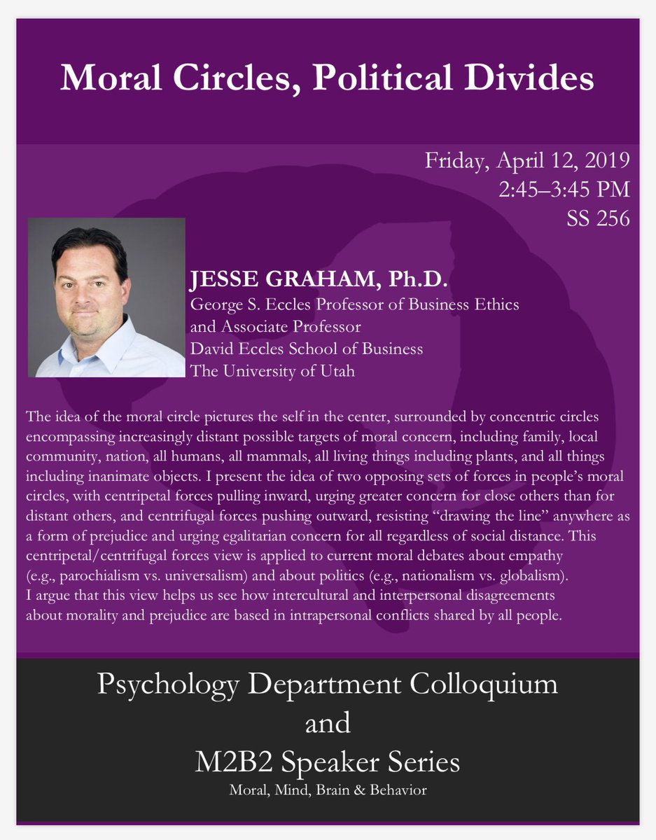 Join us for a departmental colloquium, Friday, April 12 at 2:45p in SS 256! Dr. Jesse Graham (Univ of Utah) will talk about “Moral Circles, Political Divides.”