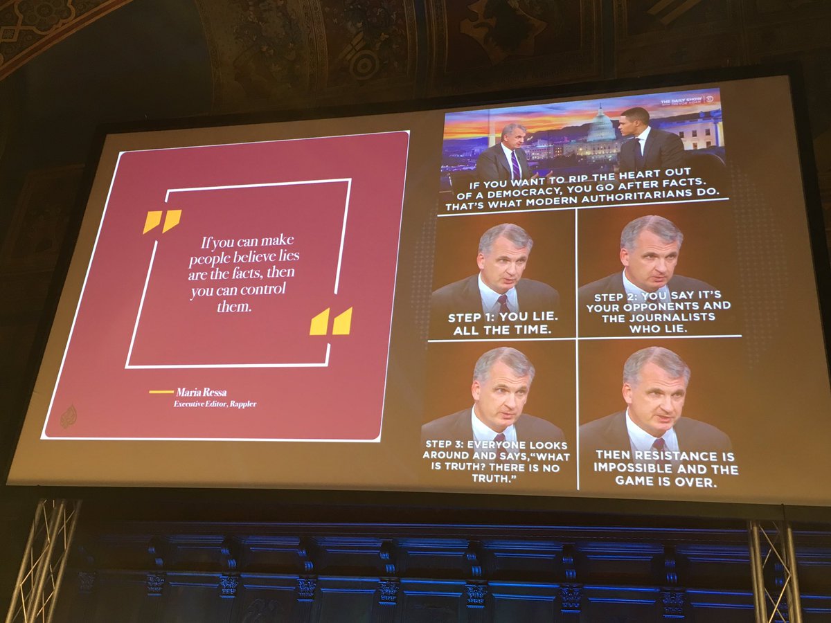 AlexaBorchardt's tweet photo. „If you want to rip the heart out of democracy, you go after the facts”, says @mariaressa at #Ijf19 https://t.co/e12nGsax5V
