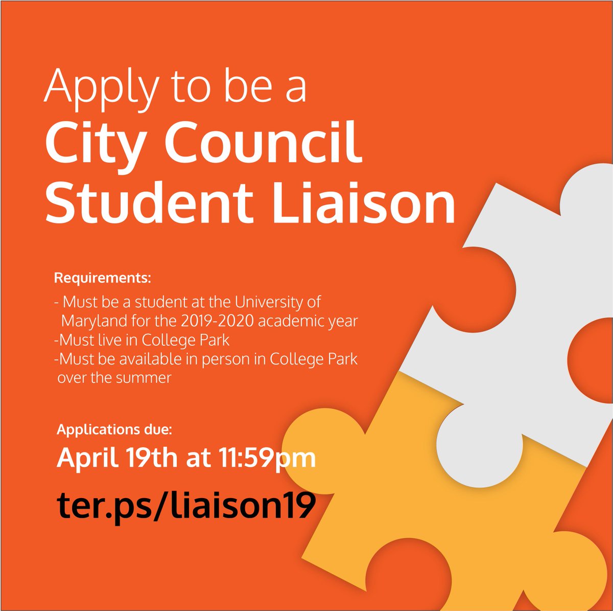 UMD Student Government (@umdsga) on Twitter photo Interested in working in local government? Apply to become the City Council Student Liaison for the 2019-2020 academic year!
The PAID student liaison acts as the bridge between the students of UMD and <a href="/CollegePark_MD/">City of College Park</a>.
Apply by April 19: ter.ps/liaison19 Interested in working in local government? Apply to become the City Council Student Liaison for the 2019-2020 academic year!
The PAID student liaison acts as the bridge between the students of UMD and <a href="/CollegePark_MD/">City of College Park</a>.
Apply by April 19: ter.ps/liaison19