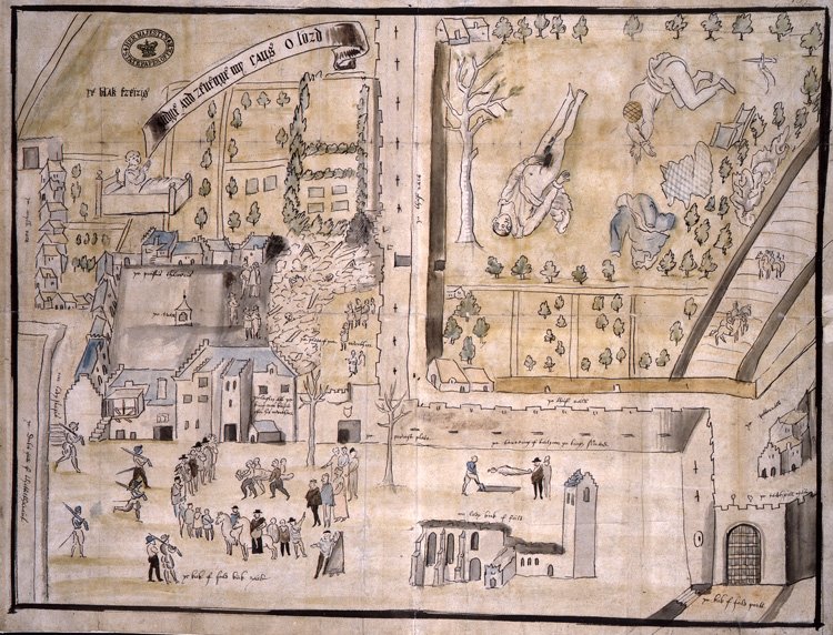 Bird's-eye view of the 'Kirk O'Field', ruined church and churchyard, showing the scene of the murder; also shows Darnley's body being borne away and a burial. The murder itself is depicted at larger scale at top right. Also shows buildings, walls, gate, trees and gardens, spectators, and Darnley's infant son, the future James VI of Scotland and I of England.